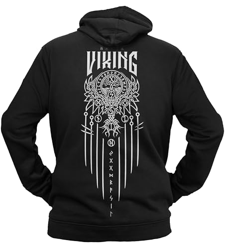 vanVerden NØRTH Legendary Herren Hoodie mit Kapuze - Vegvisir Weltesche Weltenbaum Rücken Aufdruck - nordische Wikinger Walhalla Geschenke für Männer, Valhalla Viking, Farbe:Schwarz/Weiß, Größe:L von vanVerden