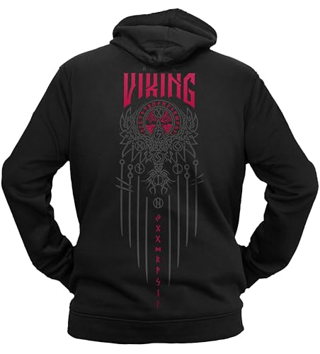 vanVerden NØRTH Legendary Herren Hoodie mit Kapuze - Yggdrasil 9 Welten Weltenbaum Rücken Aufdruck - nordische Wikinger Walhalla Geschenke für Männer, Valhalla Viking, Farbe:Schwarz/Blutrot, Größe:L von vanVerden