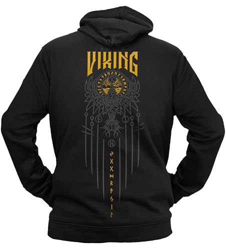 vanVerden NØRTH Legendary Herren Hoodie mit Kapuze - Yggdrasil 9 Welten Weltenbaum Rücken Aufdruck - nordische Wikinger Walhalla Geschenke für Männer, Valhalla Viking, Farbe:Schwarz/Gelb, Größe:XXL von vanVerden