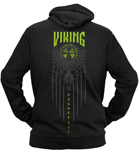 vanVerden NØRTH Legendary Herren Hoodie mit Kapuze - Yggdrasil 9 Welten Weltenbaum Rücken Aufdruck - nordische Wikinger Walhalla Geschenke für Männer, Valhalla Viking, Farbe:Schwarz/Grün, Größe:L von vanVerden