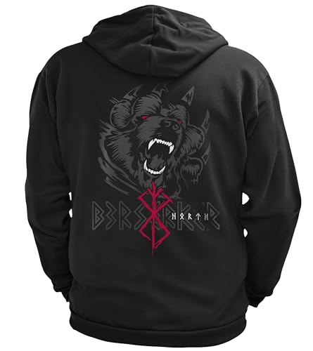 vanVerden NØRTH Legendary Herren Sweatjacke mit Kapuze - Bär Björn Krieger Berserker Rücken Aufdruck - nordische Wikinger Walhalla Zipper, Valhalla Viking, Farbe:Schwarz/Blutrot, Größe:5XL von vanVerden