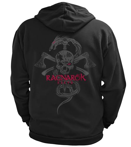 vanVerden NØRTH Legendary Herren Sweatjacke mit Kapuze - Ragnarök Totenkopf Rücken Aufdruck - nordische Wikinger Walhalla Zipper, Valhalla Viking, Farbe:Schwarz/Blutrot, Größe:3XL von vanVerden