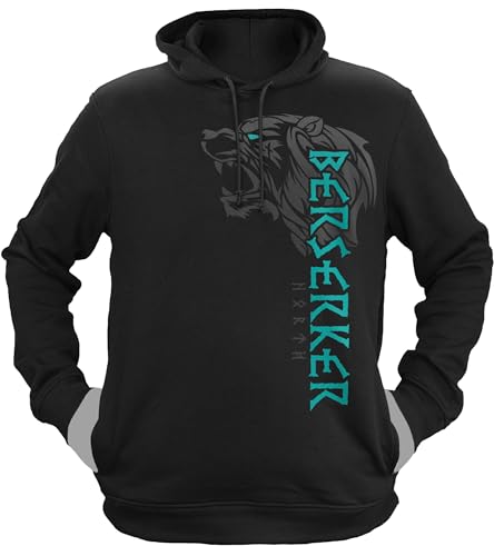 NØRTH Legendary Herren Hoodie mit Kapuze - Berserker Bär Krieger - nordische Wikinger Walhalla Geschenke für Männer, Valhalla Viking Herren Pullover, Farbe:Schwarz/Petrol, Größe:L von vanVerden