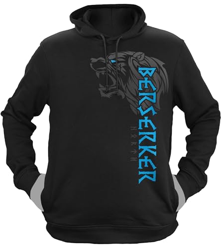 NØRTH Legendary Herren Hoodie mit Kapuze - Berserker Bär Krieger - nordische Wikinger Walhalla Geschenke für Männer, Valhalla Viking Herren Pullover, Farbe:Schwarz/Blau, Größe:L von vanVerden