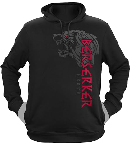 NØRTH Legendary Herren Hoodie mit Kapuze - Berserker Bär Krieger - nordische Wikinger Walhalla Geschenke für Männer, Valhalla Viking Herren Pullover, Farbe:Schwarz/Blutrot, Größe:L von vanVerden