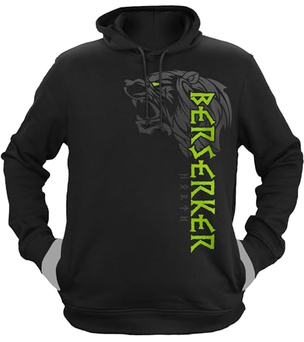 NØRTH Legendary Herren Hoodie mit Kapuze - Berserker Bär Krieger - nordische Wikinger Walhalla Geschenke für Männer, Valhalla Viking Herren Pullover, Farbe:Schwarz/Grün, Größe:L von vanVerden