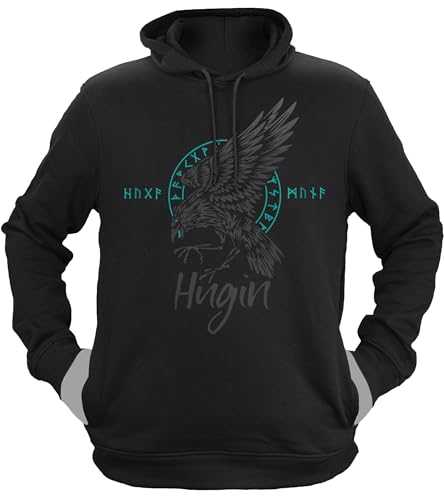 NØRTH Legendary Herren Hoodie mit Kapuze - Odin Rabe Hugin - nordische Wikinger Walhalla Geschenke für Männer, Valhalla Viking Herren Pullover, Farbe:Schwarz/Petrol, Größe:3XL von vanVerden