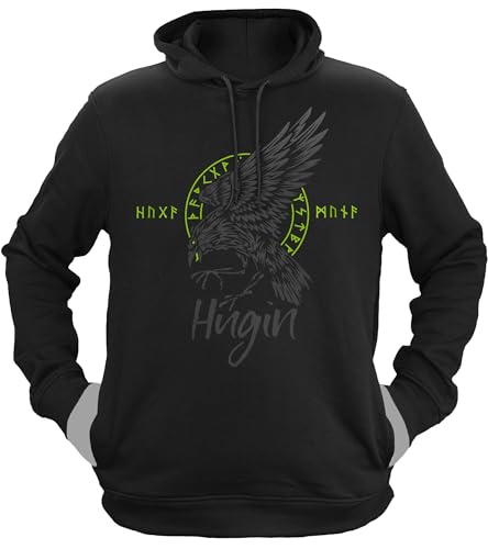 NØRTH Legendary Herren Hoodie mit Kapuze - Odin Rabe Hugin - nordische Wikinger Walhalla Geschenke für Männer, Valhalla Viking Herren Pullover, Farbe:Schwarz/Grün, Größe:M von vanVerden