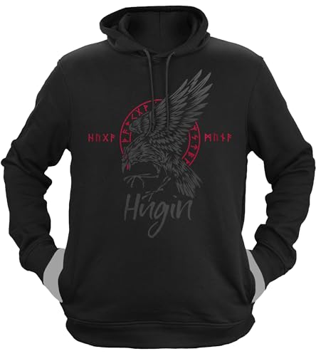 NØRTH Legendary Herren Hoodie mit Kapuze - Odin Rabe Hugin - nordische Wikinger Walhalla Geschenke für Männer, Valhalla Viking Herren Pullover, Farbe:Schwarz/Blutrot, Größe:S von vanVerden