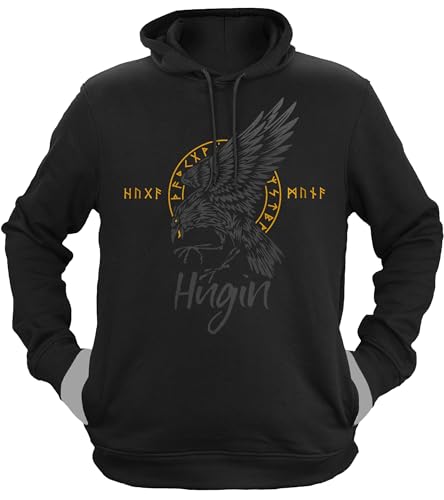 NØRTH Legendary Herren Hoodie mit Kapuze - Odin Rabe Hugin - nordische Wikinger Walhalla Geschenke für Männer, Valhalla Viking Herren Pullover, Farbe:Schwarz/Gelb, Größe:XL von vanVerden