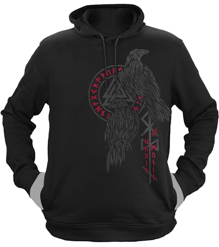 NØRTH Legendary Herren Hoodie mit Kapuze - Hugin und Munin Odin Raben - nordische Wikinger Walhalla Geschenke für Männer, Valhalla Viking Herren Pullover, Farbe:Schwarz/Blutrot, Größe:3XL von vanVerden