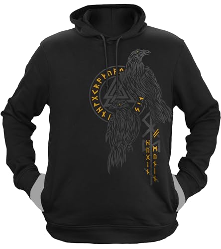 NØRTH Legendary Herren Hoodie mit Kapuze - Hugin und Munin Odin Raben - nordische Wikinger Walhalla Geschenke für Männer, Valhalla Viking Herren Pullover, Farbe:Schwarz/Gelb, Größe:L von vanVerden