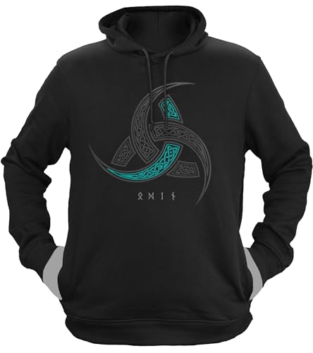 NØRTH Legendary Herren Hoodie mit Kapuze - Odins Hörner Trinkhörner - nordische Wikinger Walhalla Geschenke für Männer, Valhalla Viking Herren Pullover, Farbe:Schwarz/Petrol, Größe:XL von vanVerden