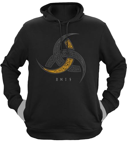 NØRTH Legendary Herren Hoodie mit Kapuze - Odins Hörner Trinkhörner - nordische Wikinger Walhalla Geschenke für Männer, Valhalla Viking Herren Pullover, Farbe:Schwarz/Gelb, Größe:3XL von vanVerden