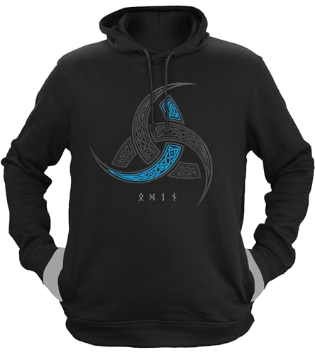 NØRTH Legendary Herren Hoodie mit Kapuze - Odins Hörner Trinkhörner - nordische Wikinger Walhalla Geschenke für Männer, Valhalla Viking Herren Pullover, Farbe:Schwarz/Blau, Größe:L von vanVerden