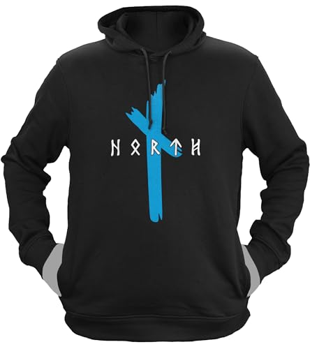 NØRTH Legendary Herren Hoodie mit Kapuze - Original North Runen Logo - nordische Wikinger Walhalla Geschenke für Männer, Valhalla Viking Herren Pullover, Farbe:Schwarz/Blau, Größe:L von vanVerden