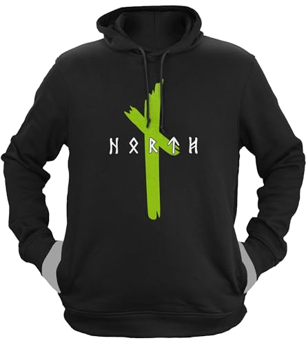 NØRTH Legendary Herren Hoodie mit Kapuze - Original North Runen Logo - nordische Wikinger Walhalla Geschenke für Männer, Valhalla Viking Herren Pullover, Farbe:Schwarz/Grün, Größe:XL von vanVerden