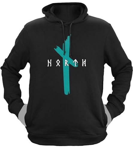 NØRTH Legendary Herren Hoodie mit Kapuze - Original North Runen Logo - nordische Wikinger Walhalla Geschenke für Männer, Valhalla Viking Herren Pullover, Farbe:Schwarz/Petrol, Größe:M von vanVerden