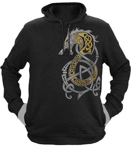 NØRTH Legendary Herren Hoodie mit Kapuze - Fenriswolf 2.0 Fenrir Gold/Silber Edition - nordische Wikinger Geschenke für Männer, Valhalla Viking Herren Pullover, Farbe:Gold/Silber, Größe:L von vanVerden