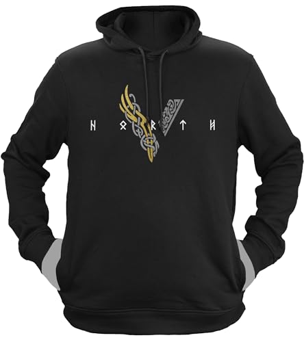 NØRTH Legendary Herren Hoodie mit Kapuze - Wikinger V - Viking Schrift Gold/Silber Edition - nordische Geschenke für Männer, Valhalla Viking Herren Pullover, Farbe:Gold/Silber, Größe:XS von vanVerden