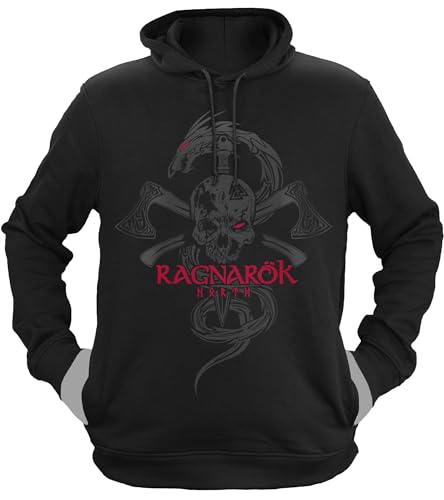 NØRTH Legendary Herren Hoodie mit Kapuze - Ragnarök Totenkopf - nordische Wikinger Walhalla Geschenke für Männer, Valhalla Viking Herren Pullover, Farbe:Schwarz/Blutrot, Größe:XS von vanVerden