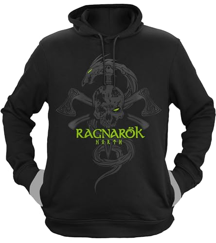 NØRTH Legendary Herren Hoodie mit Kapuze - Ragnarök Totenkopf - nordische Wikinger Walhalla Geschenke für Männer, Valhalla Viking Herren Pullover, Farbe:Schwarz/Grün, Größe:3XL von vanVerden