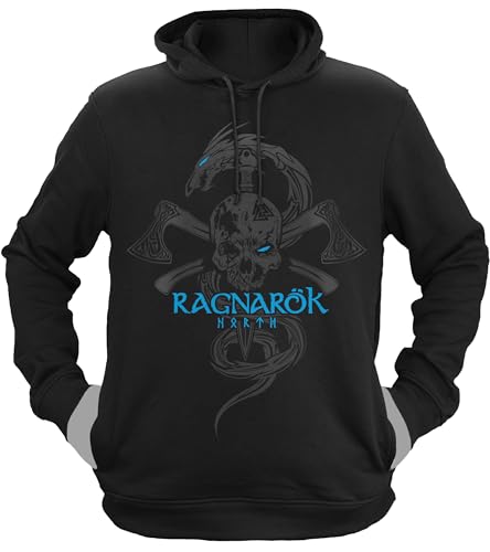 NØRTH Legendary Herren Hoodie mit Kapuze - Ragnarök Totenkopf - nordische Wikinger Walhalla Geschenke für Männer, Valhalla Viking Herren Pullover, Farbe:Schwarz/Blau, Größe:L von vanVerden