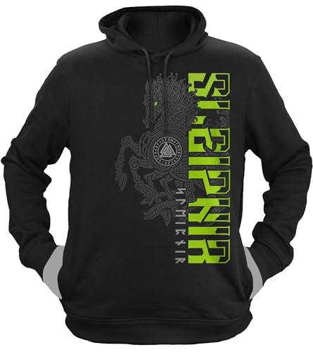 NØRTH Legendary Herren Hoodie mit Kapuze - Sleipnir Pferd 8 Beinen - nordische Wikinger Walhalla Geschenke für Männer, Valhalla Viking Herren Pullover, Farbe:Schwarz/Grün, Größe:L von vanVerden