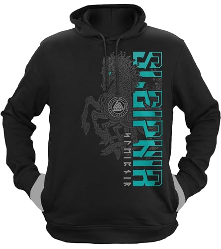 NØRTH Legendary Herren Hoodie mit Kapuze - Sleipnir Pferd 8 Beinen - nordische Wikinger Walhalla Geschenke für Männer, Valhalla Viking Herren Pullover, Farbe:Schwarz/Petrol, Größe:3XL von vanVerden