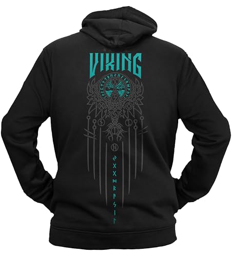 vanVerden NØRTH Legendary Herren Hoodie mit Kapuze - Vegvisir Weltesche Weltenbaum Rücken Aufdruck - nordische Wikinger Walhalla Geschenke für Männer, Valhalla Viking, Farbe:Schwarz/Petrol, Größe:S von vanVerden