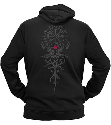 vanVerden NØRTH Legendary Herren Hoodie mit Kapuze - Vegvisir Weltesche Weltenbaum Rücken Aufdruck - nordische Wikinger Walhalla Geschenke für Männer, Valhalla Viking, Farbe:Schwarz/Blutrot, Größe:L von vanVerden