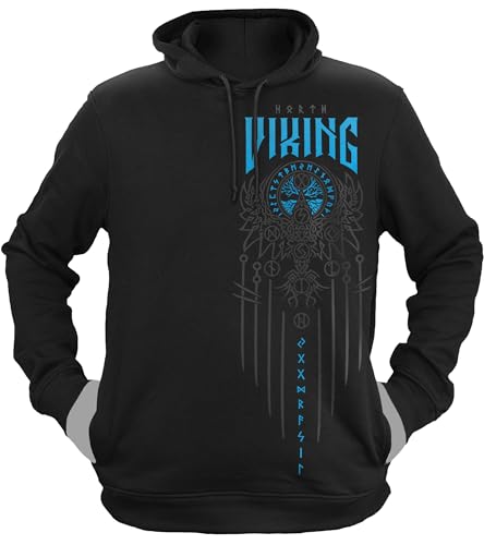 NØRTH Legendary Herren Hoodie mit Kapuze - Yggdrasil 9 Welten Weltenbaum - nordische Wikinger Walhalla Geschenke für Männer, Valhalla Viking Herren Pullover, Farbe:Schwarz/Blau, Größe:L von vanVerden