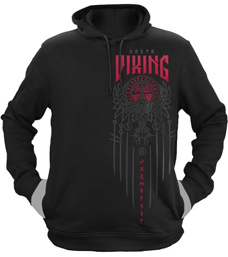 NØRTH Legendary Herren Hoodie mit Kapuze - Yggdrasil 9 Welten Weltenbaum - nordische Wikinger Walhalla Geschenke für Männer, Valhalla Viking Herren Pullover, Farbe:Schwarz/Blutrot, Größe:M von vanVerden