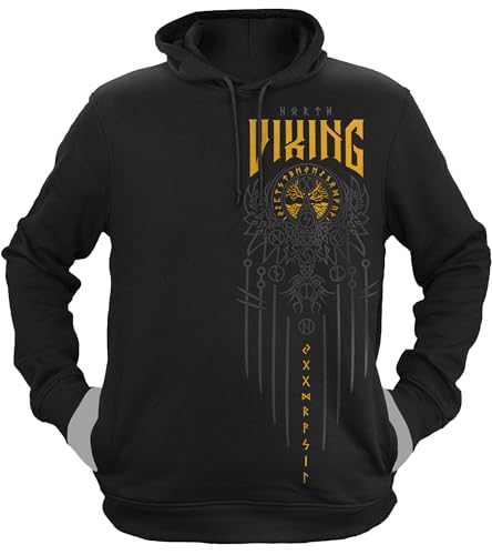 NØRTH Legendary Herren Hoodie mit Kapuze - Yggdrasil 9 Welten Weltenbaum - nordische Wikinger Walhalla Geschenke für Männer, Valhalla Viking Herren Pullover, Farbe:Schwarz/Gelb, Größe:L von vanVerden