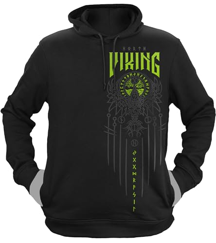 NØRTH Legendary Herren Hoodie mit Kapuze - Yggdrasil 9 Welten Weltenbaum - nordische Wikinger Walhalla Geschenke für Männer, Valhalla Viking Herren Pullover, Farbe:Schwarz/Grün, Größe:3XL von vanVerden