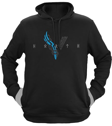 NØRTH Legendary Herren Hoodie mit Kapuze - Wikinger V - Viking Schrift - nordische Wikinger Walhalla Geschenke für Männer, Valhalla Viking Herren Pullover, Farbe:Schwarz/Blau, Größe:XS von vanVerden