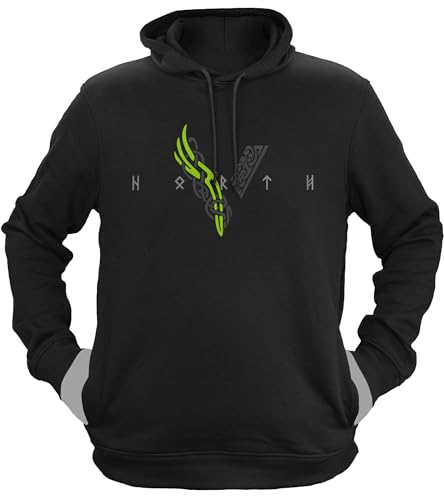 NØRTH Legendary Herren Hoodie mit Kapuze - Wikinger V - Viking Schrift - nordische Wikinger Walhalla Geschenke für Männer, Valhalla Viking Herren Pullover, Farbe:Schwarz/Grün, Größe:3XL von vanVerden