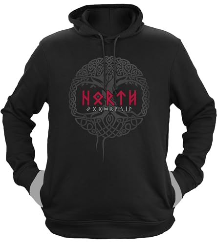 NØRTH Legendary Herren Hoodie mit Kapuze - Yggdrasil Lebensbaum - nordische Wikinger Walhalla Geschenke für Männer, Valhalla Viking Herren Pullover, Farbe:Schwarz/Blutrot, Größe:XXL von vanVerden