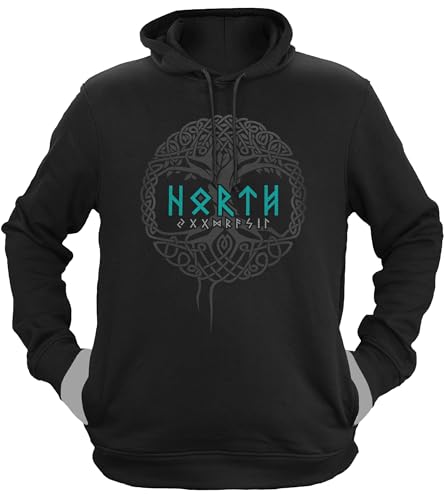 NØRTH Legendary Herren Hoodie mit Kapuze - Yggdrasil Lebensbaum - nordische Wikinger Walhalla Geschenke für Männer, Valhalla Viking Herren Pullover, Farbe:Schwarz/Petrol, Größe:L von vanVerden