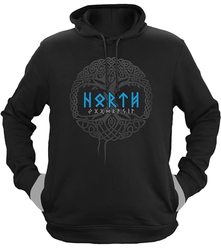 NØRTH Legendary Herren Hoodie mit Kapuze - Yggdrasil Lebensbaum - nordische Wikinger Walhalla Geschenke für Männer, Valhalla Viking Herren Pullover, Farbe:Schwarz/Blau, Größe:L von vanVerden