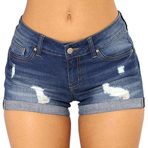 vanberfia Damen High Waist Denim Jeans Raw Hem Ripped Shorts mit Taschen - Blau - Klein von vanberfia