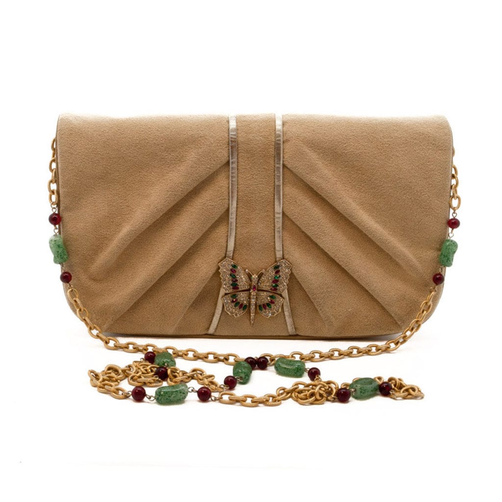 1960S Martin Van Schaak Helles Kamelfarbe Wildleder Mit Schmetterlingsverschluss Und Juwelenbesetzter Umhängetasche von vanderbrit