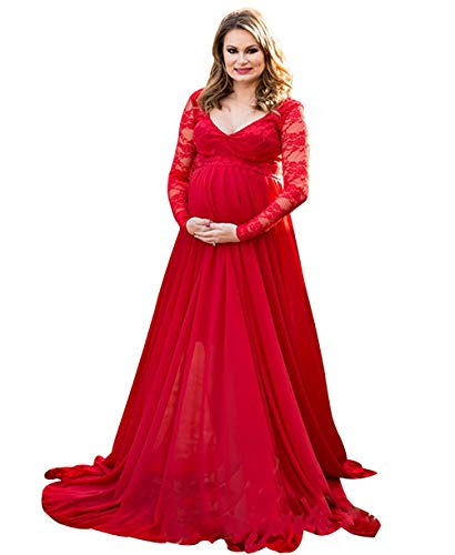 Damen Stretch Lace Umstandskleid Langarm V-Ausschnitt Chiffon A Linie Baby Shower Party Fotografie Kleid Schwangere Studio Hochzeit Fotoshooting Requisiten Kleider Rot M. von vannawong