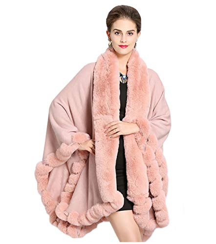 vannawong Damen Pelzbesatz Poncho Übergröße Winterhochzeit Kaschmir Strick Cape Cardigan Batwing Unregelmäßiger Umhang Pink von vannawong