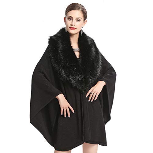 vannawong Frauen Pelzbesatz Poncho Übergröße Winter Strick Cape Cardigan Batwing Unregelmäßiger Umhang Schwarz von vannawong