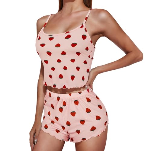 Pyjama Set Damen Kurz Spaghettiträger Schlafanzug Ärmellos Zweiteiliger Nachtwäsche Cami Top Und Shorts Hausanzug Sleepwear Rüschen Sexy Schlafanzug Set Nachthemd Frauen Sleepwear von vaolkwsacz