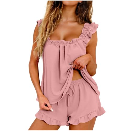 Schlafanzug Set Damen Kurz Pyjama Set Zweiteiliger Sleepwear Set Rüschen Ärmellose Nachtwäsche Top Und Shorts Hausanzug Schlafanzug Nachthemd Bequem Indoor Hausanzug Sleepwear von vaolkwsacz