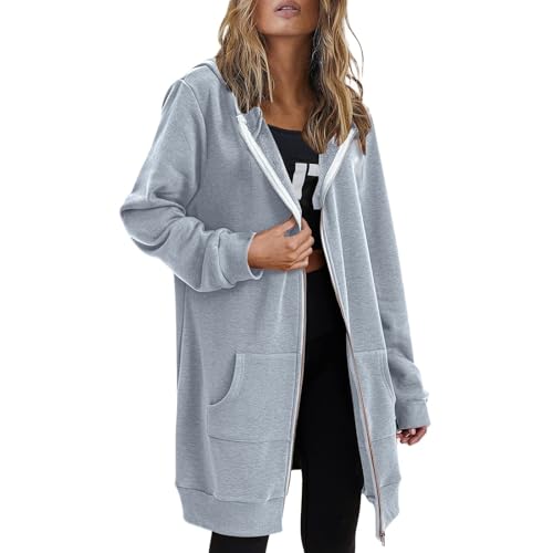vaolkwsacz Hoodie Sweatjacke Damen Oversize Lange Kapuzenpullover Mit Reißverschluss Hoodie Jacke Langarm Herbst Winter Übergangsjacke Pulli Sweatjacke Sweatshirts Mit Taschen Streetwear S-5XL von vaolkwsacz
