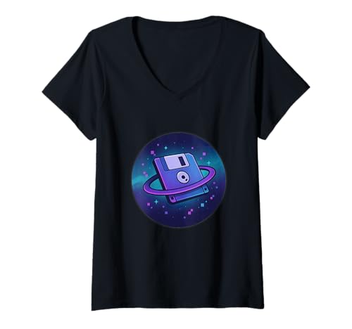 Damen Vaporwave Diskette Space Orbit T-Shirt mit V-Ausschnitt von vaporwave floppy disk space retro tech vaporwave