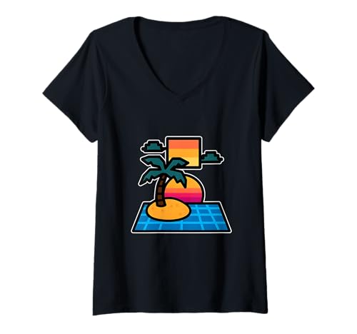 Damen Vaporwave Island Retro Sonnenuntergang T-Shirt mit V-Ausschnitt Damen Vaporwave Island Retro Sonnenuntergang T-Shirt mit V-Ausschnitt von vaporwave retro island palm sunset 80s beach